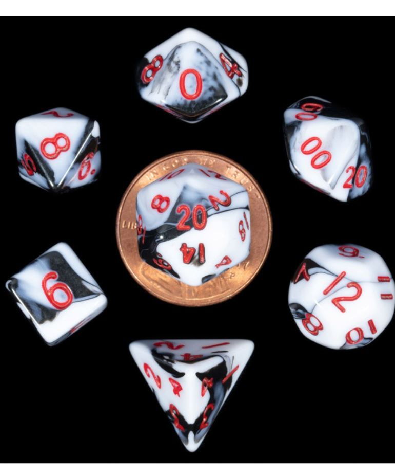 Metallic Dice Games - LIC Metallic Dice Games - Mini Polyhedral 7-Die Set - Marble - Black & White w/ Red