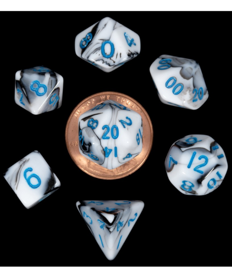Metallic Dice Games - LIC Metallic Dice Games - Mini Polyhedral 7-Die Set - Marble - Black & White w/ Blue