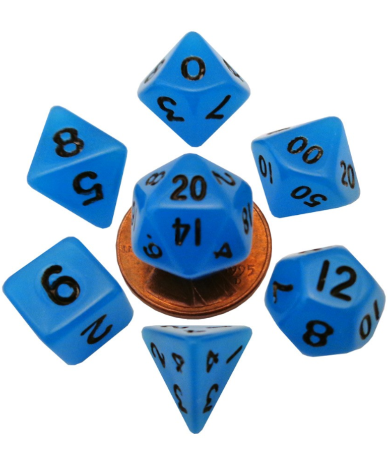 Metallic Dice Games - LIC Metallic Dice Games - Mini Polyhedral 7-Die Set - 10mm - Glow in the Dark - Blue w/ Black