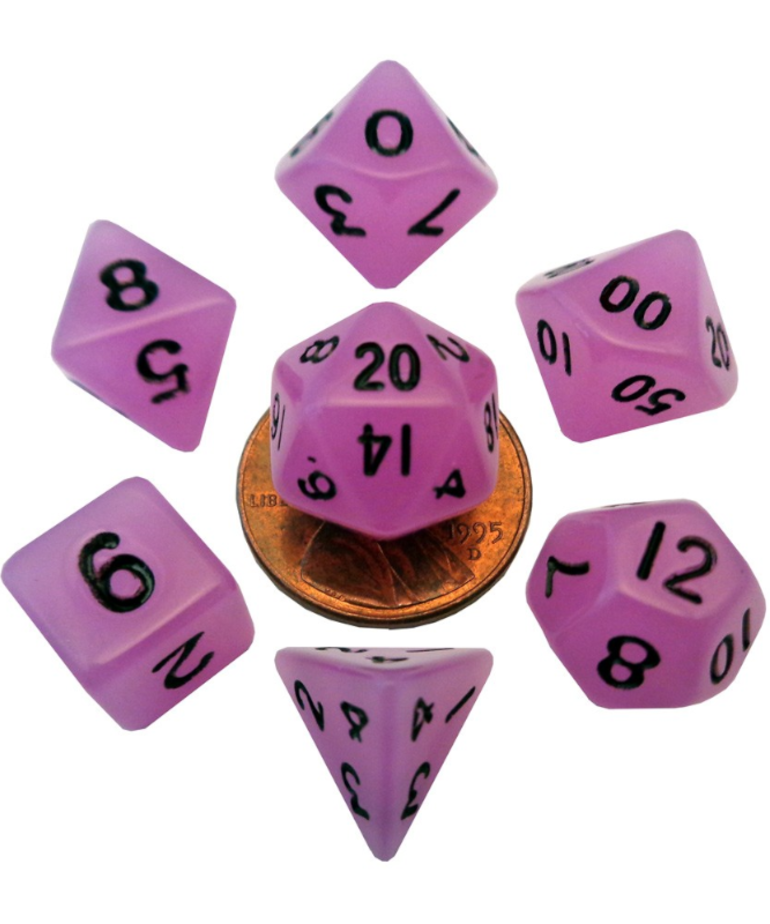 Metallic Dice Games - LIC Metallic Dice Games - Mini Polyhedral 7-Die Set - 10mm - Glow in the Dark - Purple w/ Black