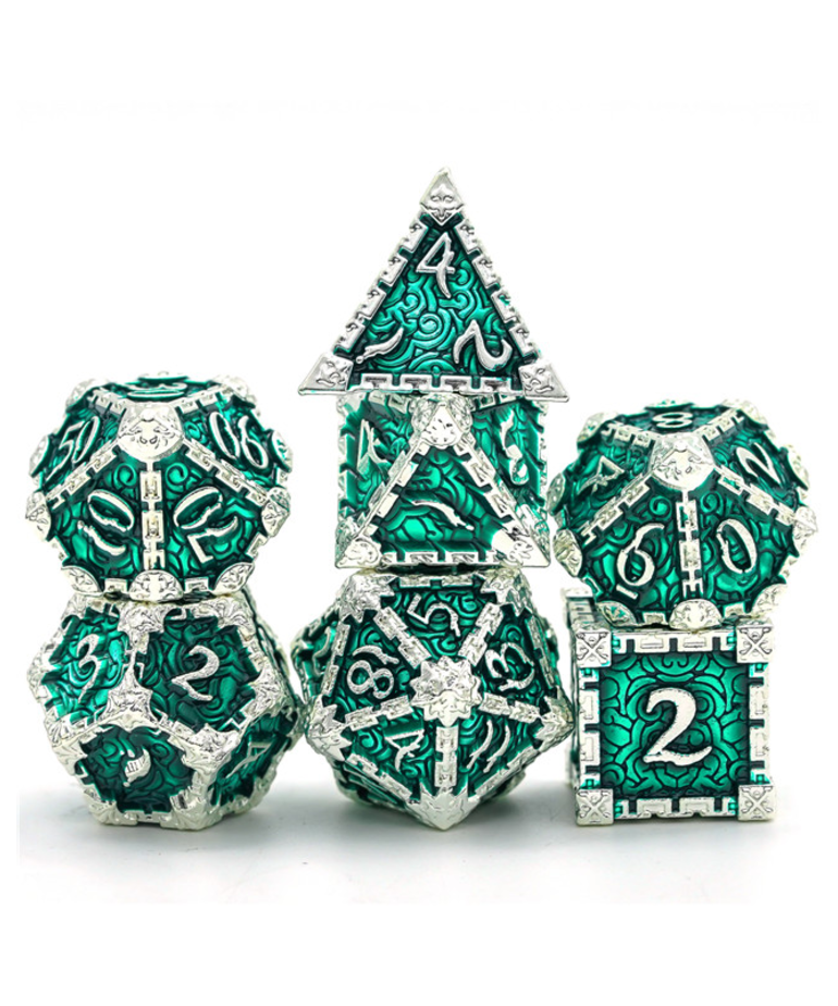 Gameopolis Dice - UDI Gameopolis: Dice - Polyhedral 7-Die Set - Metal Dice - Dagger of Venom - Silver & Green