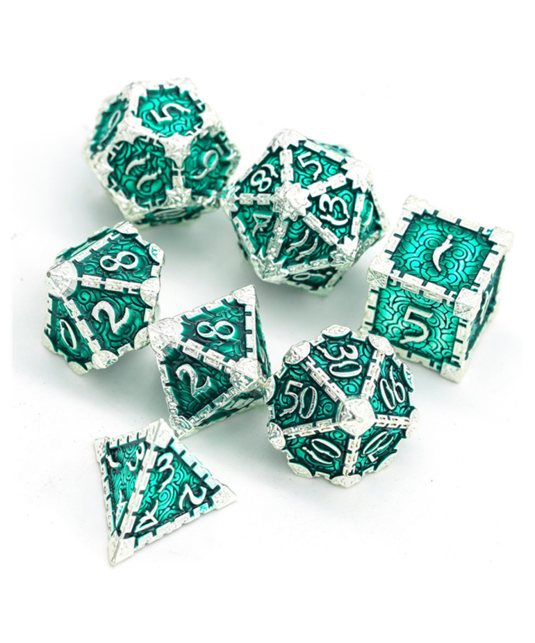 Gameopolis Dice - UDI Gameopolis: Dice - Polyhedral 7-Die Set - Metal Dice - Dagger of Venom - Silver & Green