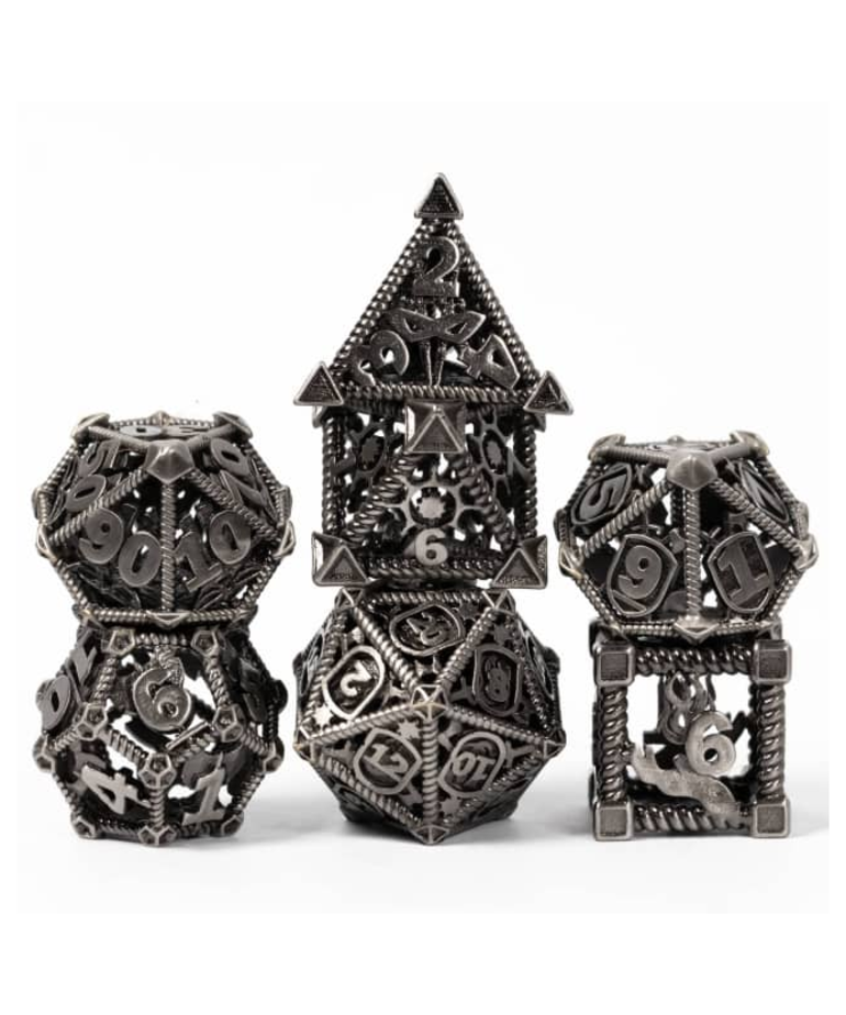 Gameopolis Dice - UDI Gameopolis Dice: Polyhedral 7 Set - Metal Dice - Hollow Class Themed Dice - Silver