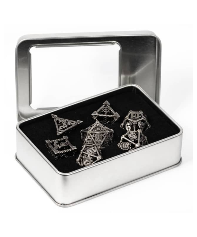 Gameopolis Dice - UDI Gameopolis Dice: Polyhedral 7 Set - Metal Dice - Hollow Class Themed Dice - Silver