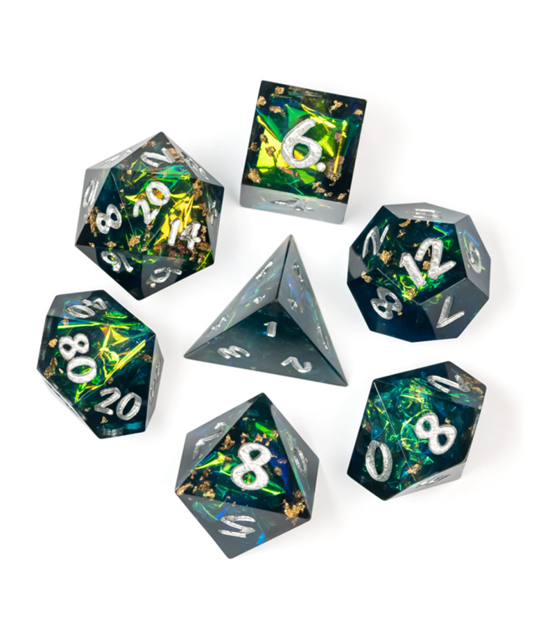 Gameopolis Dice - UDI Gameopolis Dice: Polyhedral 7-Die Set - Sharp Handmade - Candy Glitter Paper - Blue & Black