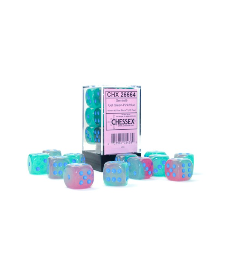 Chessex - CHX Chessex: 16mm D6 Cube (12) - Gemini Luminary - Gel Green & Pink w/ Blue