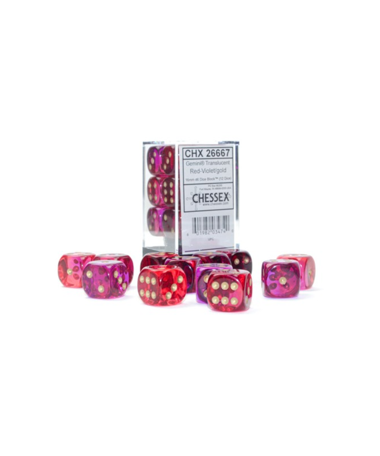 Chessex - CHX Chessex: 16mm D6 Cube (12) - Gemini Luminary - Translucent Red & Violet w/ Gold