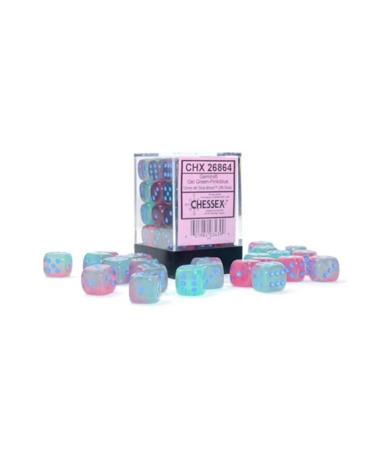 Chessex - CHX Chessex: 12mm D6 Cube (36) - Gemini Luminary - Gel Green & Pink w/ Blue