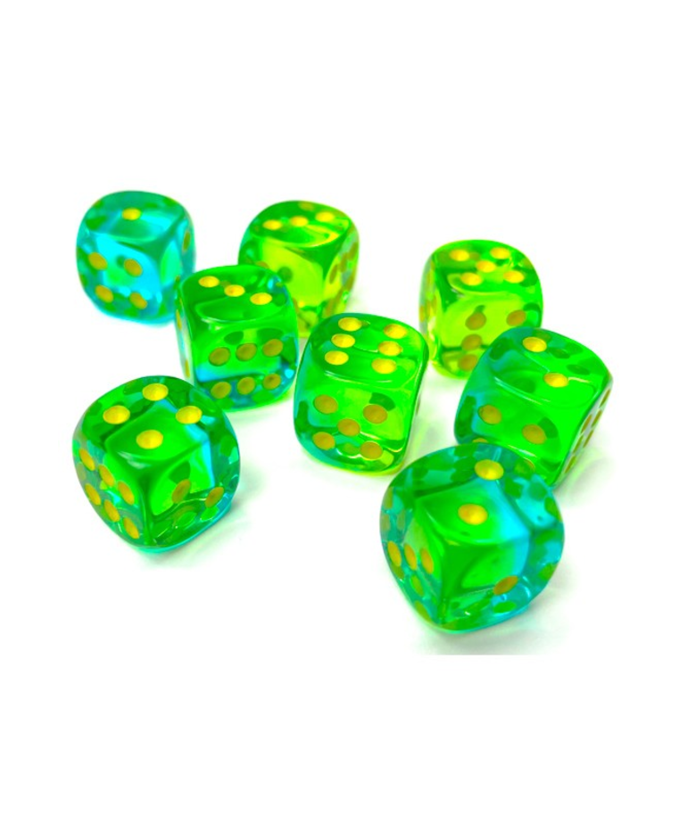 Chessex - CHX Chessex: 12mm D6 Cube (36) - Gemini Luminary - Translucent Green & Teal w/ Yellow