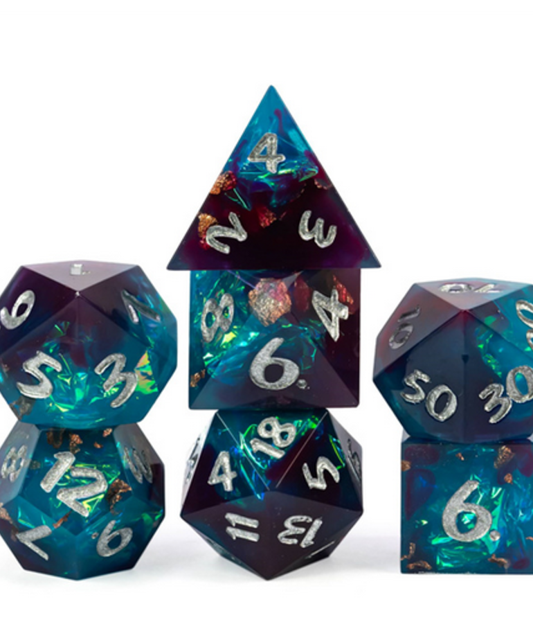 Gameopolis Dice - UDI Gameopolis Dice: Polyhedral 7-Die Set - Sharp Handmade - Candy Glitter Paper - Green & Blue