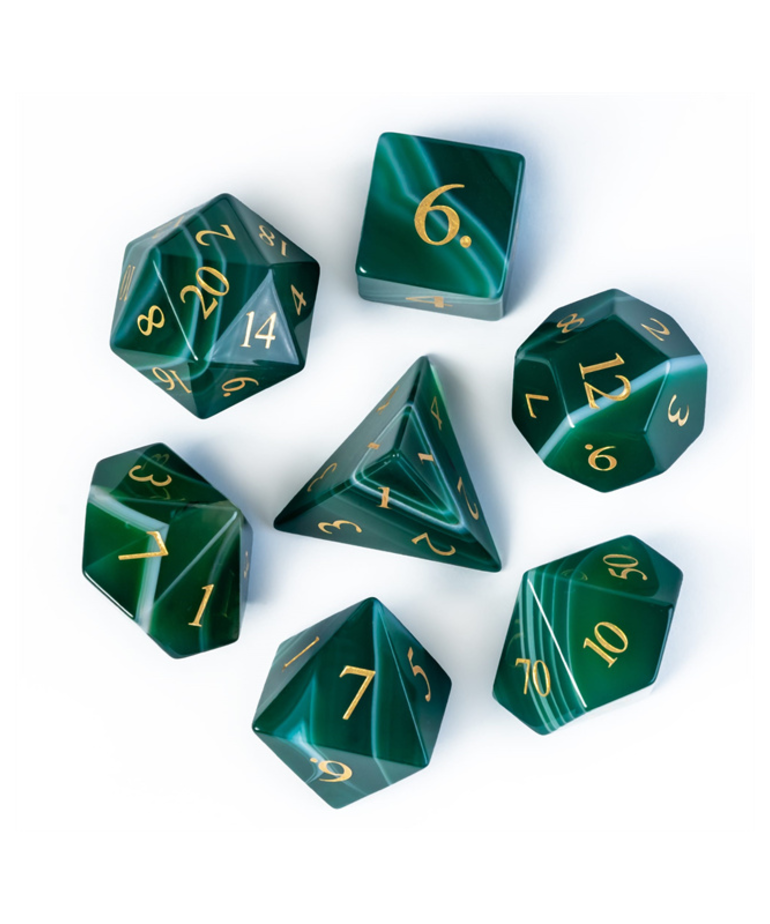 Gameopolis Dice - UDI Gameopolis Dice: Polyhedral 7-Die Set - Agate Gemstone Dice w/ Black PU Leather Hexagon Box - Green