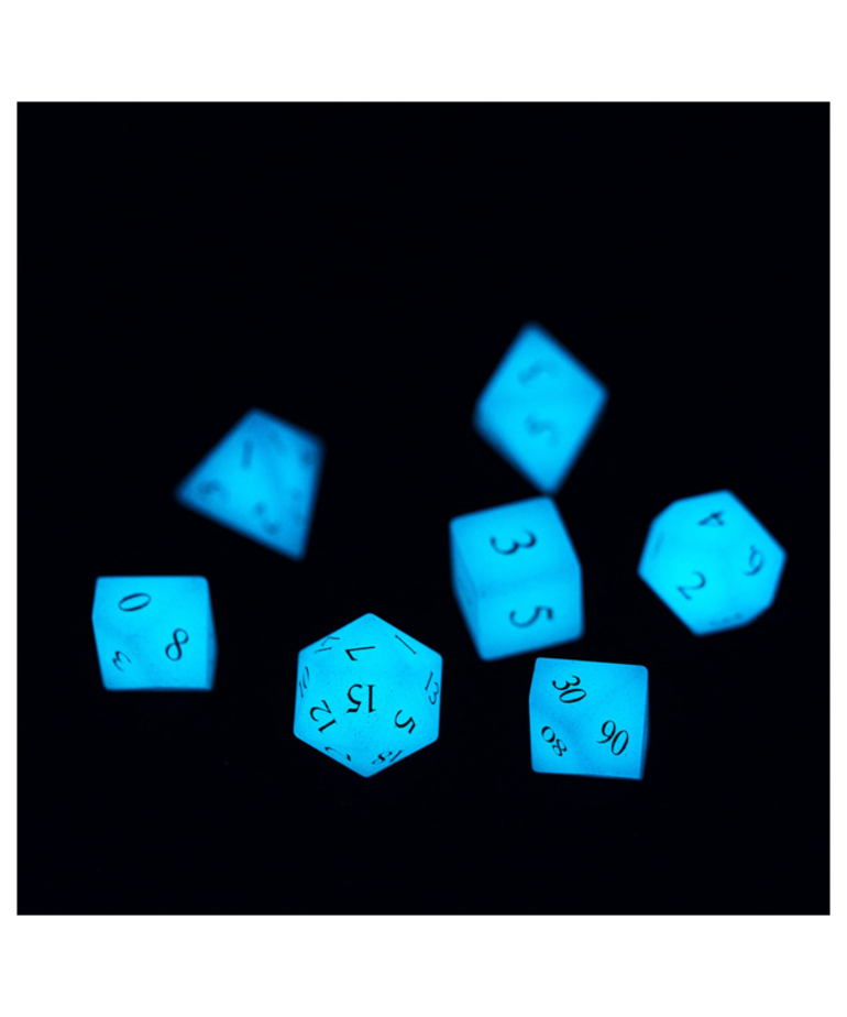 Gameopolis Dice - UDI Gameopolis Dice: Polyhedral 7-Die Set - Luminous Stone Dice w/ Black PU Leather Hexagon Box - Blue