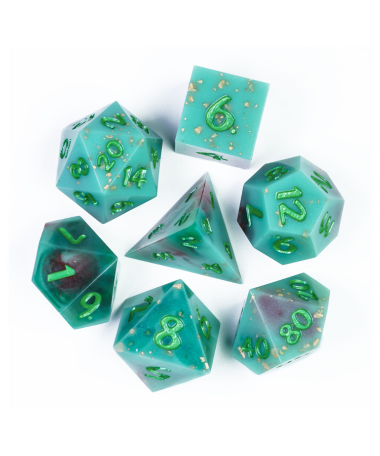 Gameopolis Dice - UDI Gameopolis Dice: Polyhedral 7-Die Set - Sharp Handmade - Starry Sky Mixed Color Goild Foil Dice w/ PU Leather Rectangular Box -  Green & Brown