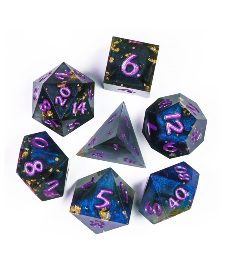 Udixi Dice - UDI Udixi Dice: Polyhedral 7-Die Set - Sharp Handmade - Starry Sky Mixed Color Gold Foil Dice w/ PU Leather Rectangular Box -  Black & Blue