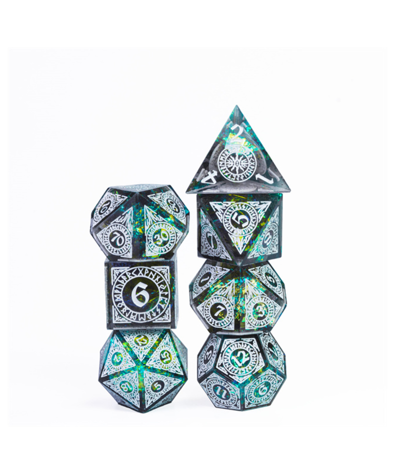 Gameopolis Dice - UDI Gameopolis Dice: Polyhedral 7-Die Set - Sharp Handmade w/ Black PU Leather Rectangular Box  - Candy Glitter Paper - Cyan