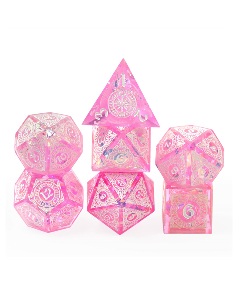 Gameopolis Dice - UDI Gameopolis Dice: Polyhedral 7-Die Set - Sharp Handmade w/ Black PU Leather Rectangular Box - Candy Glitter Paper - Pink