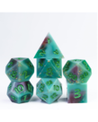 Gameopolis Dice - UDI Gameopolis Dice: Polyhedral 7-Die Set - Sharp Handmade - Starry Sky Mixed Color Goild Foil Dice w/ PU Leather Rectangular Box -  Green & Brown