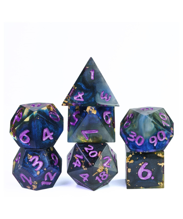 Gameopolis Dice - UDI Gameopolis Dice: Polyhedral 7-Die Set - Sharp Handmade - Starry Sky Mixed Color Gold Foil Dice w/ PU Leather Rectangular Box -  Black & Blue
