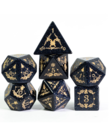 Gameopolis Dice - UDI Gameopolis Dice: Polyhedral 7-Die Set - Blue Gold Stone Semi-Precious Gemstone Dice w/ Black PU Leather Hexagon Box - Holiday Design