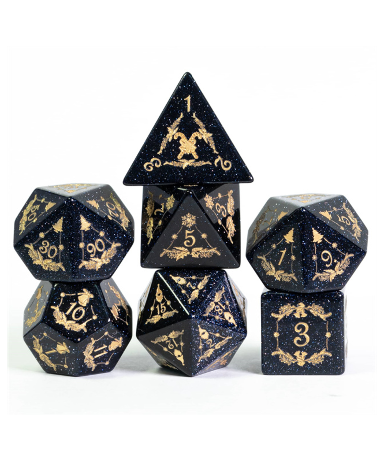 Gameopolis Dice - UDI Gameopolis Dice: Polyhedral 7-Die Set - Blue Gold Stone Semi-Precious Gemstone Dice w/ Black PU Leather Hexagon Box - Holiday Design