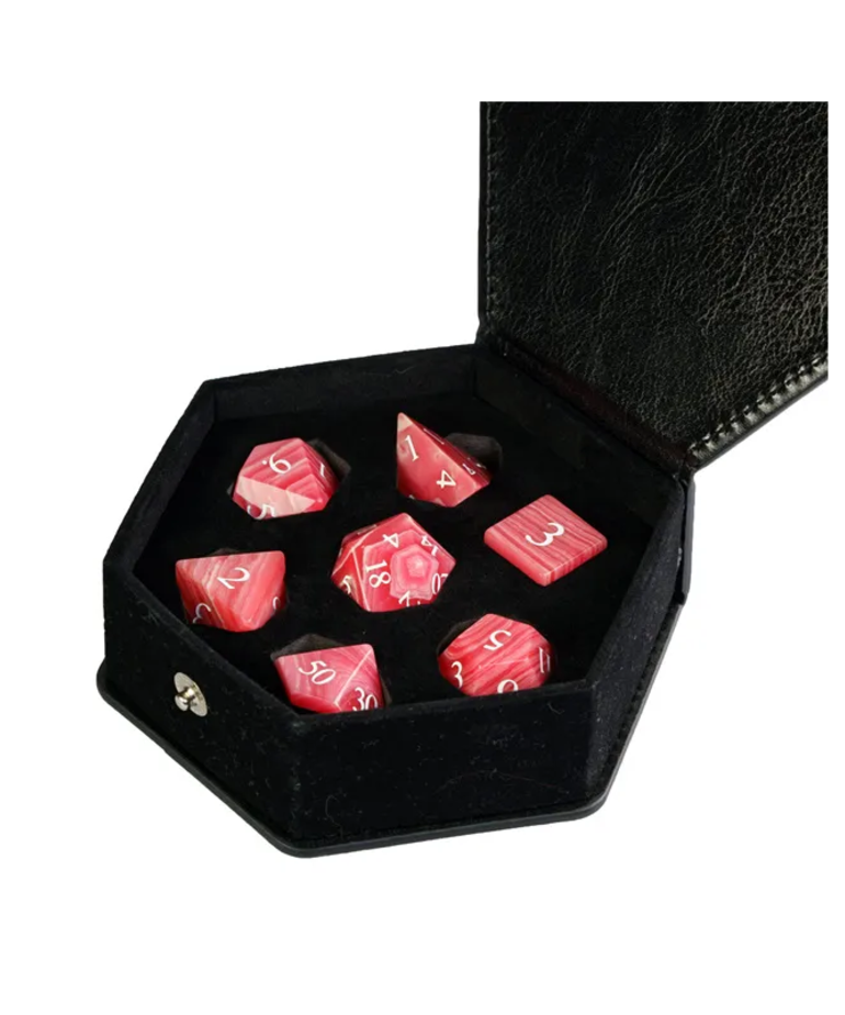 Gameopolis Dice - UDI Gameopolis Dice: Polyhedral 7-Die Set - Agate Gemstone Dice w/ Black PU Leather Hexagon Box - Red w/ White