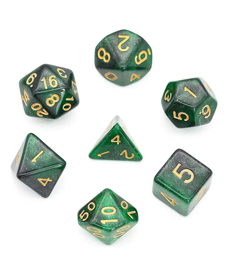 Gameopolis Dice - UDI Gameopolis: Dice - Polyhedral 7 Set - Galaxy - Black & Green w/ Gold