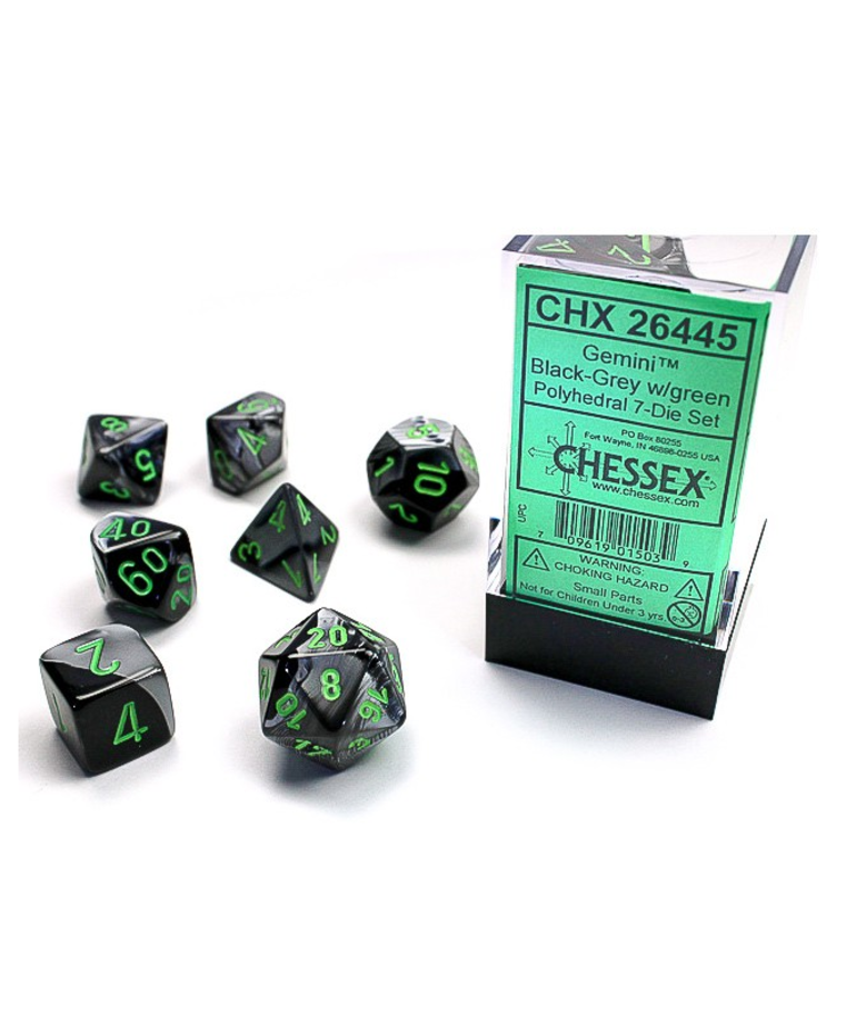 Chessex - CHX 7-Die Polyhedral Set Black-Grey w/green Gemini