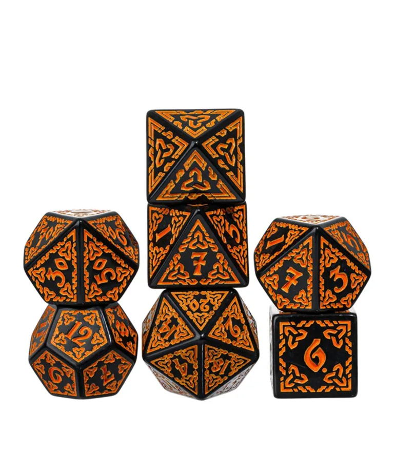 Gameopolis Dice - UDI Gameopolis: Dice - Polyhedral 7-Die Set - Acrylic Pattern Dice - Celtic Knot - Orange