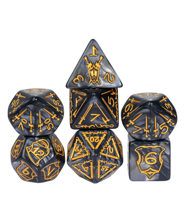 Gameopolis Dice - UDI Gameopolis: Dice - Polyhedral 7-Die Set - Acrylic Huge 25-32mm Pattern Dice - Fighter - Black