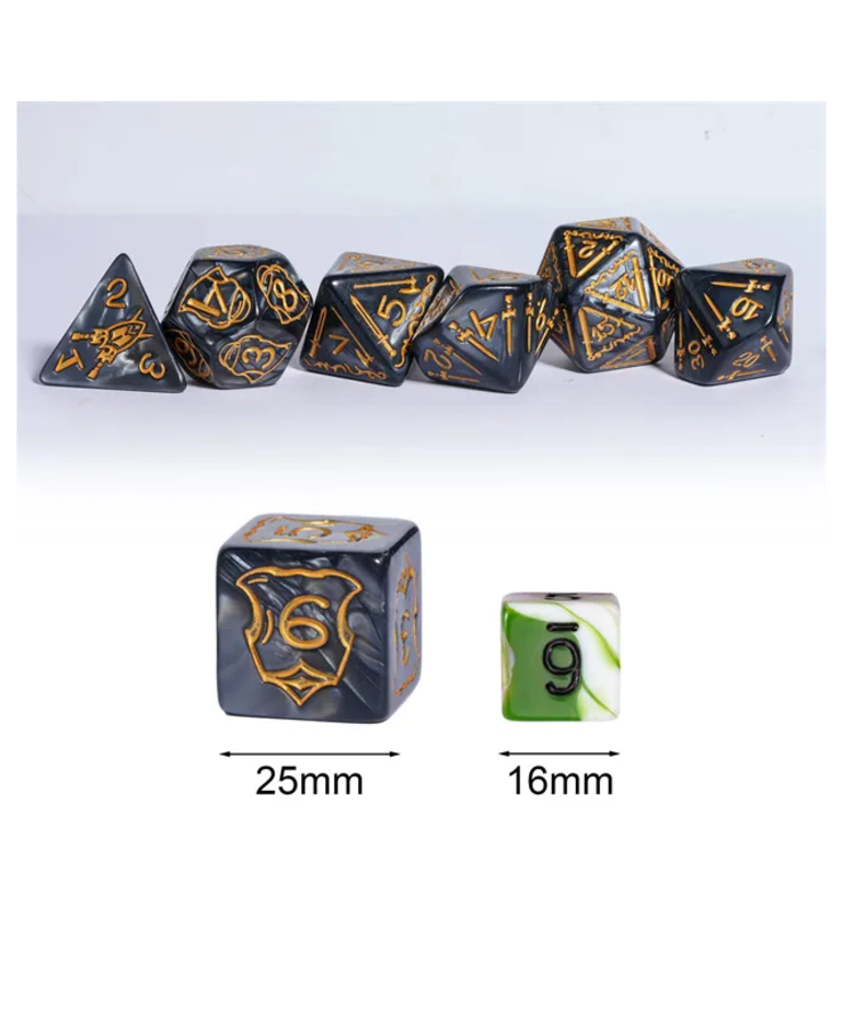 Gameopolis Dice - UDI Gameopolis: Dice - Polyhedral 7-Die Set - Acrylic Huge 25-32mm Pattern Dice - Fighter - Black