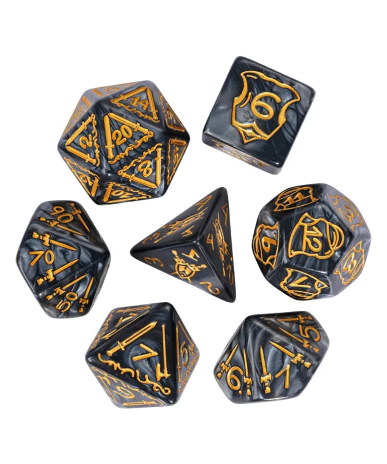 Gameopolis Dice - UDI Gameopolis: Dice - Polyhedral 7-Die Set - Acrylic Huge 25-32mm Pattern Dice - Fighter - Black