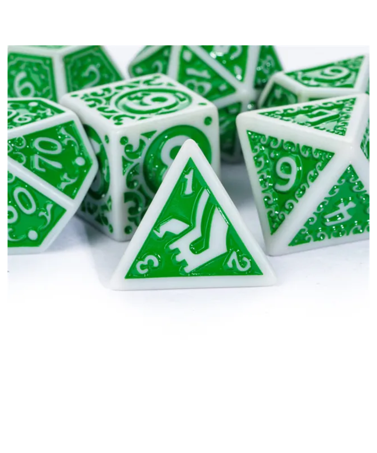 Gameopolis Dice - UDI Gameopolis: Dice - Polyhedral 7-Die Set - Acrylic Pattern Dice - Irregular - Green w/ White