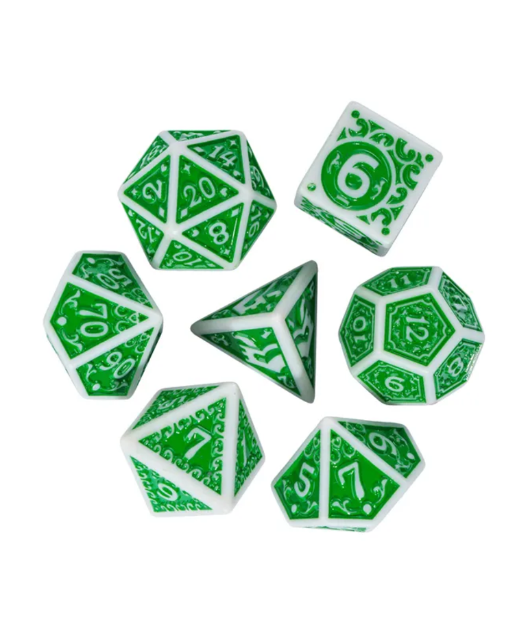 Gameopolis Dice - UDI Gameopolis: Dice - Polyhedral 7-Die Set - Acrylic Pattern Dice - Irregular - Green w/ White