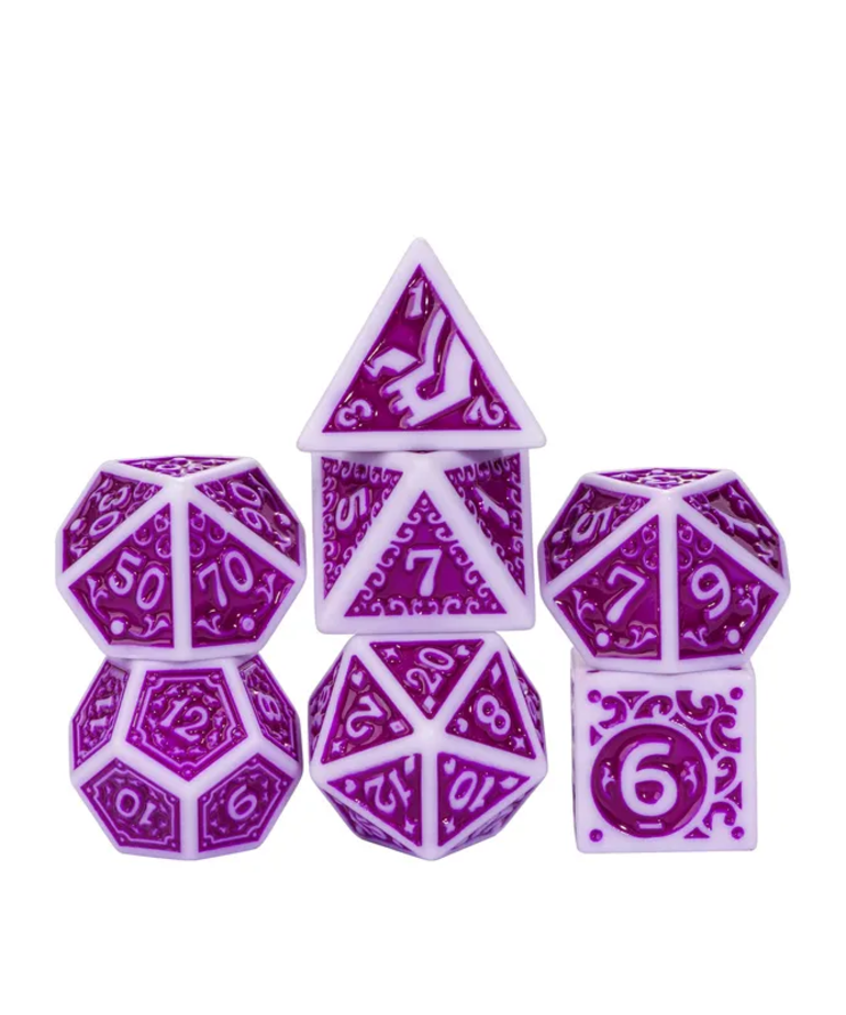 Gameopolis Dice - UDI Gameopolis: Dice - Polyhedral 7 Set - Acrylic Pattern Dice - Irregular - Purple w/ White