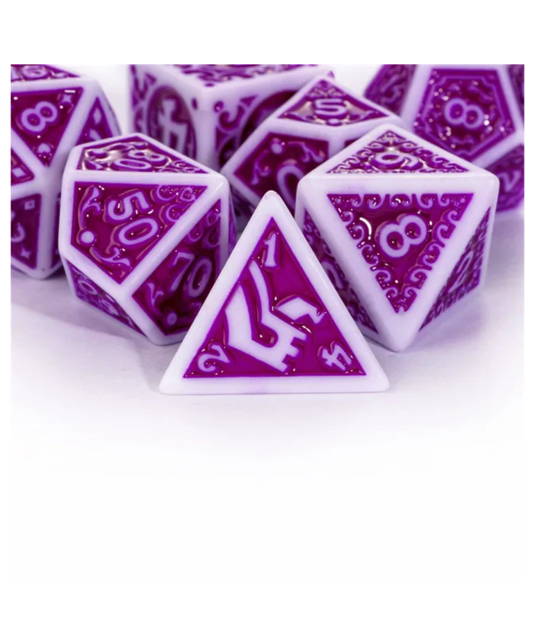 Gameopolis Dice - UDI Gameopolis: Dice - Polyhedral 7 Set - Acrylic Pattern Dice - Irregular - Purple w/ White