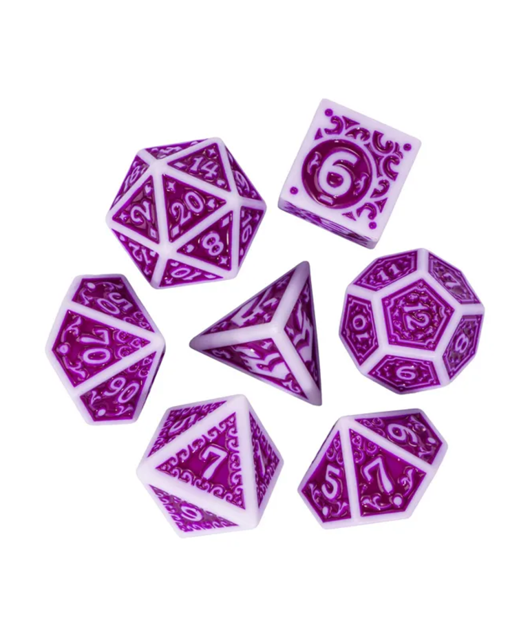 Gameopolis Dice - UDI Gameopolis: Dice - Polyhedral 7 Set - Acrylic Pattern Dice - Irregular - Purple w/ White