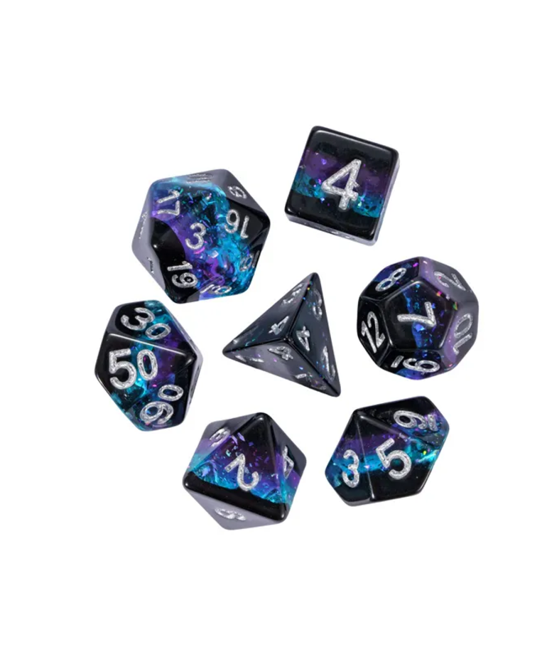 Gameopolis Dice - UDI Gameopolis: Dice - Polyhedral 7-Die Set - Layered Glitter Dice - Black, Purple, & Blue w/ Silver
