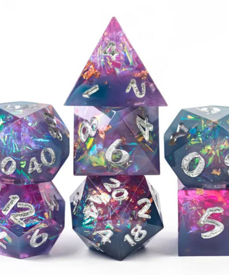 Gameopolis Dice - UDI Gameopolis Dice: Polyhedral 7-Die Set - Sharp Handmade - Candy Glitter Paper - Pink & Blue