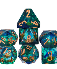 Gameopolis Dice - UDI Handmade Swirl Liquid Dice - Golden & Blue Green
