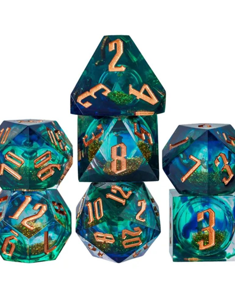 Gameopolis Dice - UDI Gameopolis Dice: Polyhedral 7-Die Set - Handmade Swirl Liquid Dice - Golden & Blue Green