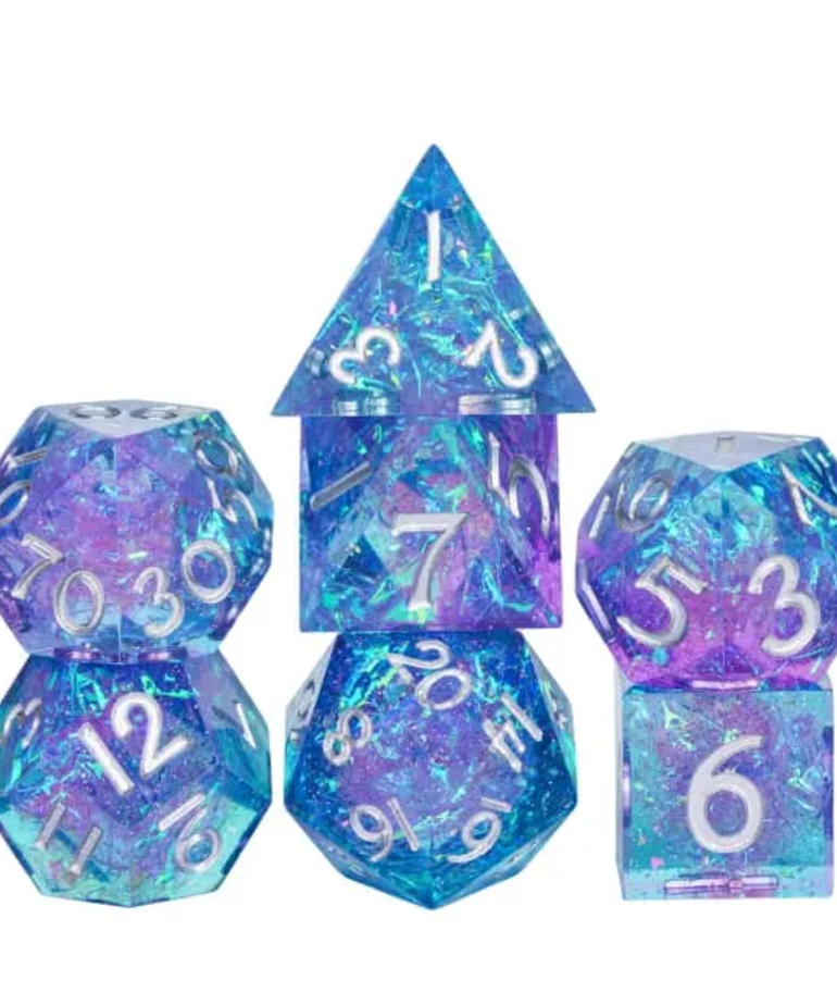 Gameopolis Dice - UDI Gameopolis Dice: Polyhedral 7-Die Set - Sharp Handmade - Glitter Paper - Purple & Blue