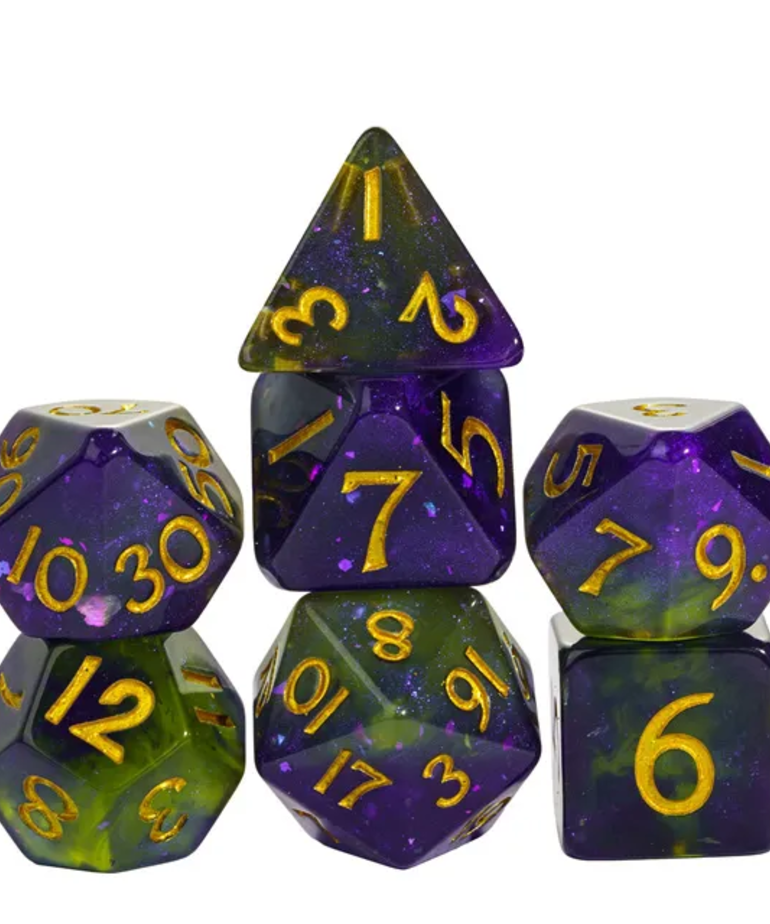 Gameopolis Dice - UDI Gameopolis: Dice - Polyhedral 7-Die Set - Resin Galaxy Corner Cut Dice - Purple & Green