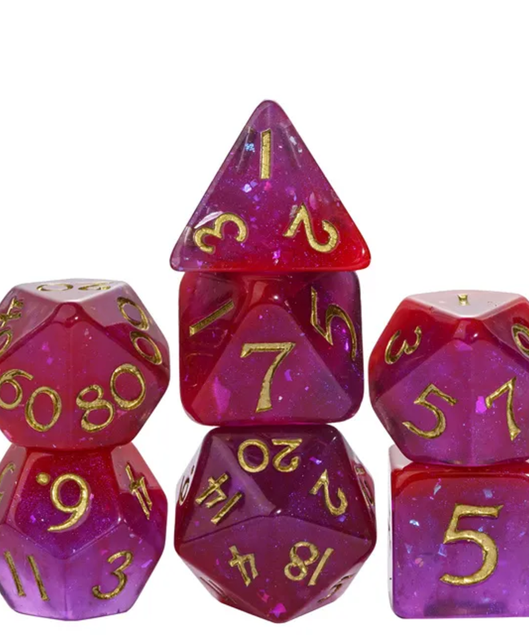 Gameopolis Dice - UDI Gameopolis: Dice - Polyhedral 7-Die Set - Resin Galaxy Corner Cut Dice - Purple & Red