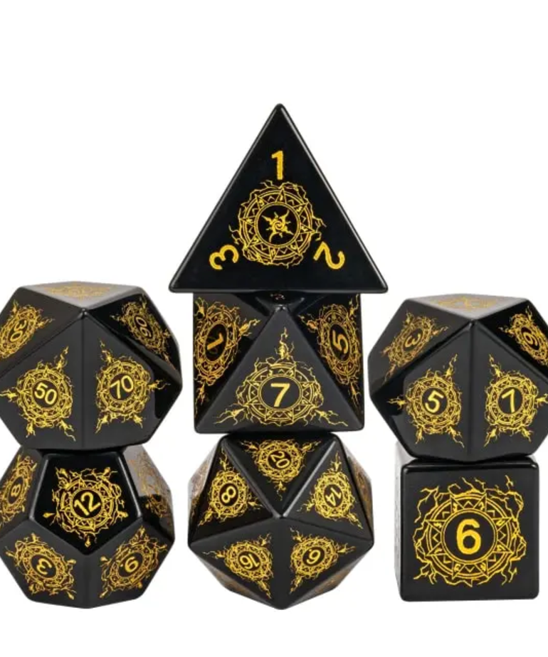 Gameopolis Dice - UDI Gameopolis Dice: Polyhedral 7-Die Set - Obsidian Gemstone Dice - Lightning Pattern