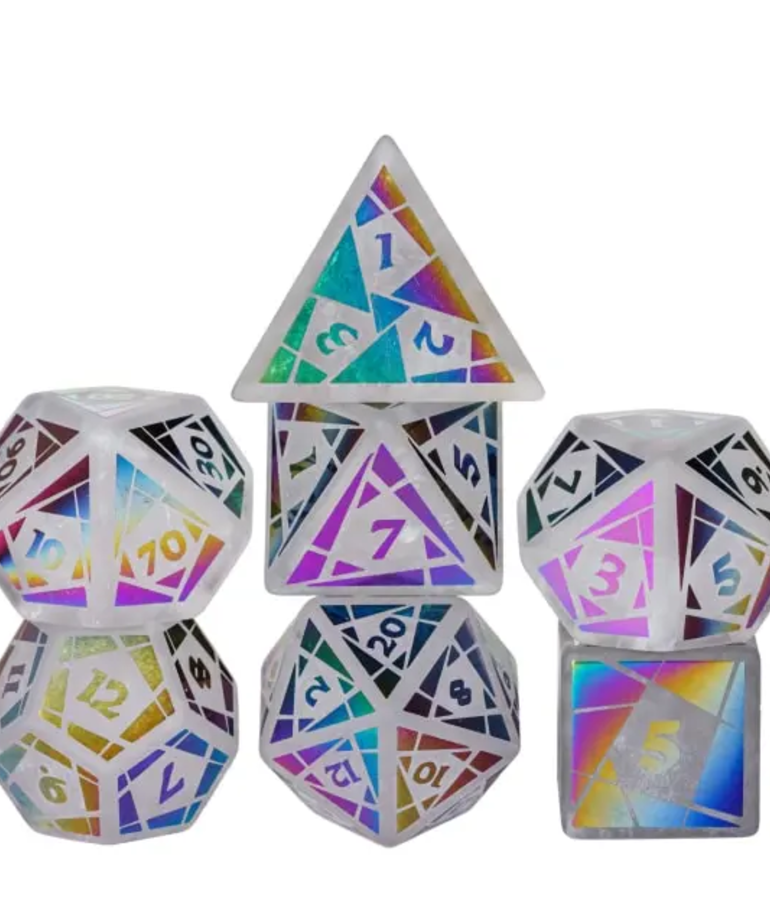 Gameopolis Dice - UDI Gameopolis: Dice - Polyhedral 7-Die Set - White Quartz Gemstone Dice - Rainbow Cutting Pattern