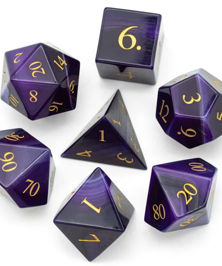 Gameopolis Dice - UDI Gameopolis Dice: Polyhedral 7-Die Set - Agate Gemstone Dice w/ Black PU Leather Hexagon Box - Purple