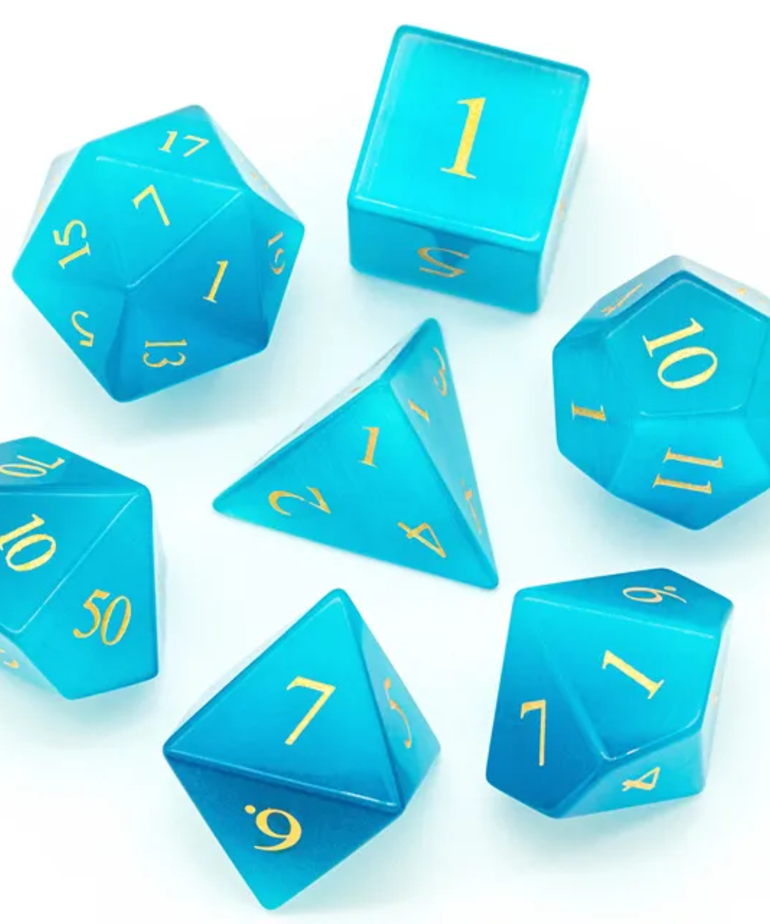 Gameopolis Dice - UDI Gameopolis: Dice - Polyhedral 7-Die Set - Cat Eye Gemstone Dice w/ Black PU Leather Hexagon Box - Blue 2