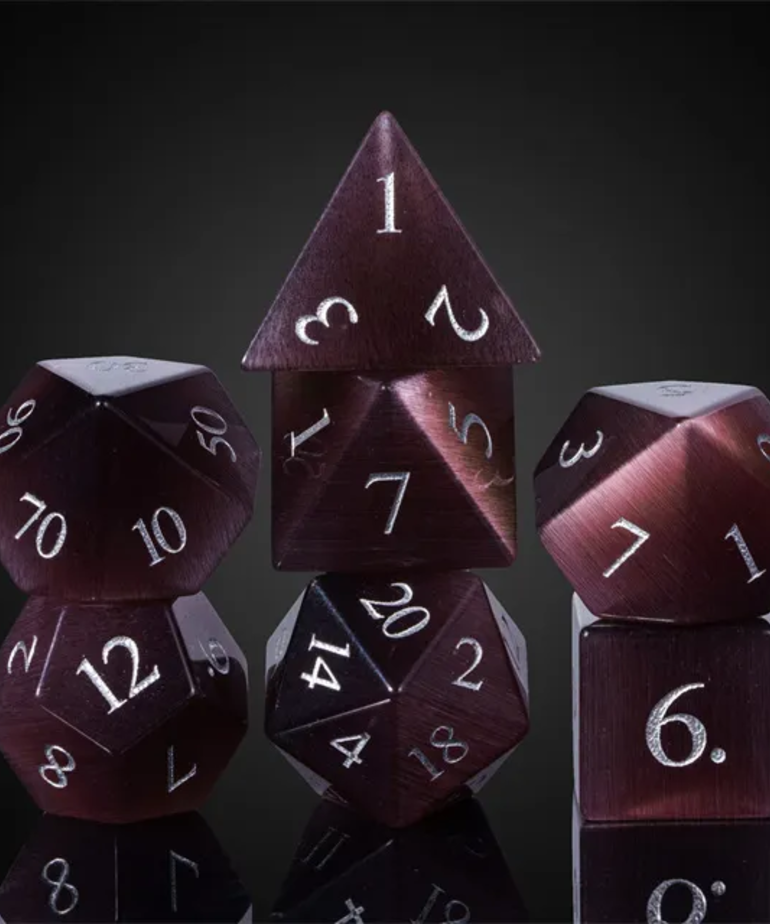 Gameopolis Dice - UDI Gameopolis: Dice - Polyhedral 7-Die Set - Cat Eye Gemstone Dice w/ Black PU Leather Hexagon Box - Purple