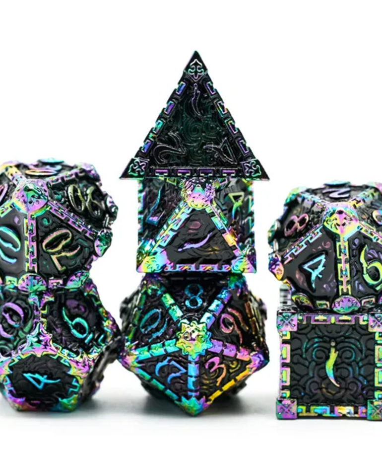 Gameopolis Dice - UDI Gameopolis: Dice - Polyhedral 7-Die Set - Metal Dice - Dagger of Venom - Rainbow & Black