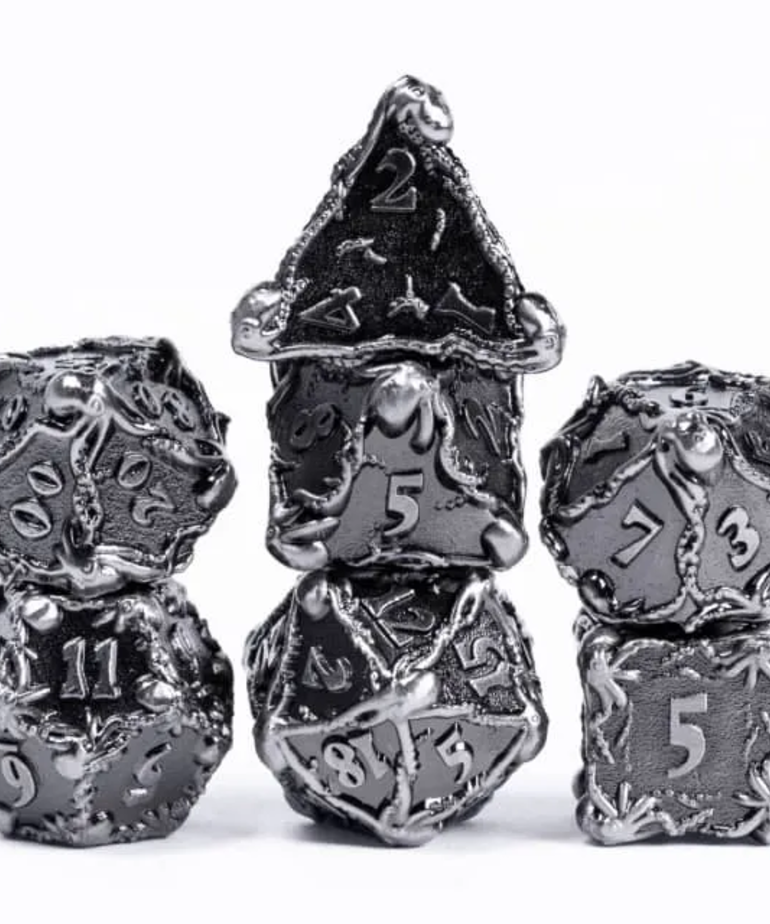 Gameopolis Dice - UDI Gameopolis Dice - Polyhedral 7-Die Set - Plated Ancient Metal Dice - Silver Octopus